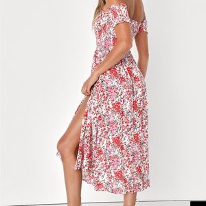 Lulus View from the Meadow Cream Floral Print Off-the-Shoulder Midi Dress S